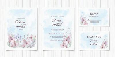 conjunto de tarjeta de invitación de boda acuarela pastel con flores elegantes. plantilla de diseño de portada moderna. Ilustración floral de primavera vintage. Fondo de marco romántico. tarjetas de felicitacion vector