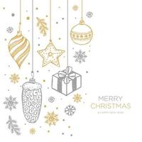 Hand drawn Christmas fur tree with balls, toys and fir-cone, for xmas design in gold and silver. Vector illustration on white background.