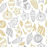 Hand drawn Christmas seamless pattern. Fur tree with balls, toys and fir-cone, for xmas design in gold and silver. Vector surface design on white background.