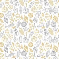 Hand drawn Christmas seamless pattern. Fur tree with balls, toys and fir-cone, for xmas design in gold and silver. Vector surface design on white background.