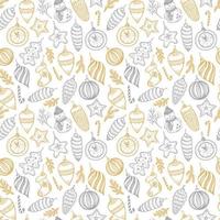 Hand drawn Christmas seamless pattern. Fur tree with balls, toys and fir-cone, for xmas design in gold and silver. Vector surface design on white background.