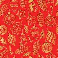 Christmas and New year seamless pattern on red with balls, toys and fir-cone, for xmas design in gold. Vector surface design on red background.