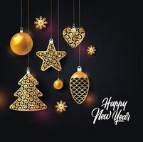 Holiday New Year and Merry Christmas Background. Gold christmas toys on on dark bokeh background. Vector illustration.