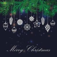 Christmas hand drawn fur tree for xmas design. With balls, toys, snowflakes and fir-cone. Dark magic texture for vintage Xmas invitation design. vector