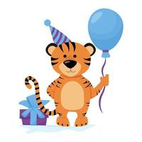 Cute cartoon tiger with balloon and gift. Cartoon illustration isolated on white background. vector