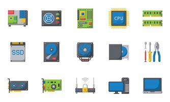 iconos de hardware de computadora color plano, placa base, chip de cpu, computadora de caja, vector