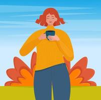 Beautiful woman with coffee cup in her hands on bright autumn background. Cute vector illustration in flat style