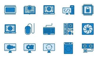 iconos de hardware de computadora color azul, sistema de enfriamiento, software, computadora portátil vector