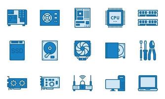 Computer Hardware Icons Blue Color, motherboard, cpu chip, case computer, vector