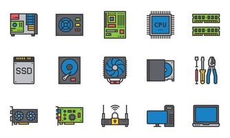 Computer Hardware Icons Line Color, motherboard, cpu chip, case computer, vector