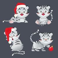 White Tiger as Symbol of 2022 New Year, in Santa hat and other Christmas decoration. Chinese zodiac. Cartoon vector illustration