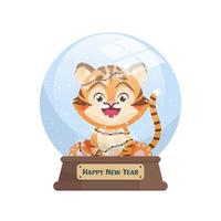 Snow globe with cute tiger within. Vector illustration in cartoon flat style