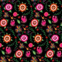 Patrón de bordado floral mexicano transparente, diseño de moda popular de coloridas flores nativas. Bordado de estilo textil tradicional de México, vector aislado sobre fondo negro