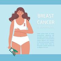 Young woman in lingerie. Breast cancer awareness month banner. Vector illustration in flat style