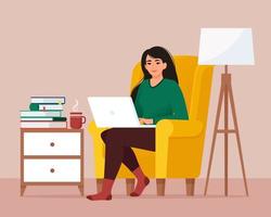 Woman with laptop, sitting on armchair. Working from home, freelance, online education. Vector illustration in flat style