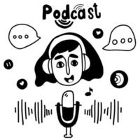 Podcast sketch concept. Girl in headphones and badges, podcaster speaks into microphone. Set of illustrations about podcasting in hand drawn doodle style. Vector illustration and isolated elements