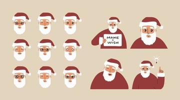 Set of Santa Claus emotions, avatars. Hand drawn vector illustrations isolated on beige background. New idea, board with text, laughter, laugh concepts