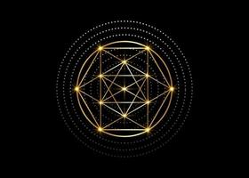 símbolos de alquimia mágica de oro, geometría sagrada. religión, filosofía, espiritualidad, concepto de ocultismo. triángulo lineal con líneas y círculos superpuestos, logotipo de vector de impresión aislado sobre fondo negro