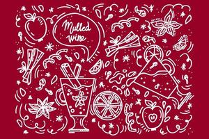 Background with hot mulled wine drink. Doodle Pattern Hot Wine with spices and zest. Vector linear illustration for the menu of a cozy restaurant. Vector illustration