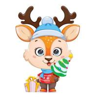 Cute baby deer holding little Christmas tree vector