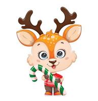Cute baby deer holding big candy cane vector