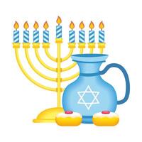 Tarro de tetera feliz Hanukkah con candelabro y cupcakes vector