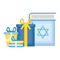 feliz libro de hanukkah corán con cajas de regalo vector