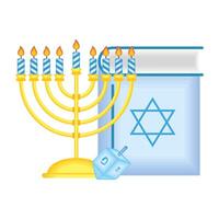 feliz libro de hanukkah corán con candelabro y pirinola vector