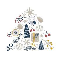 Christmas vector hand drawn fir tree form xmas doodle scandinavian elements gift, owl, snowflake, orange and other. Composition for winter holiday greeting card