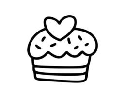Monoline cute muffin with heart. Vector Valentines Day Hand Drawn icon. Holiday sketch doodle Design element valentine. love decor for web, wedding and print. Isolated illustration