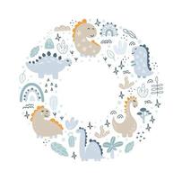 Circle Vector frame with dinosaurs and hand lettering dino with place for your text on white background. Greeting card, poster design scandinavian element