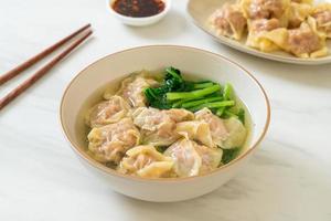 pork wonton soup or pork dumplings soup with vegetable photo