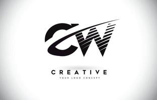 CW C W Letter Logo Design with Swoosh and Black Lines. vector