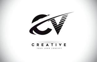 CV C V Letter Logo Design with Swoosh and Black Lines. vector