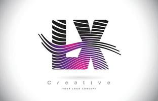 LX L X Zebra Texture Letter Logo Design With Creative Lines and Swosh in Purple Magenta Color. vector