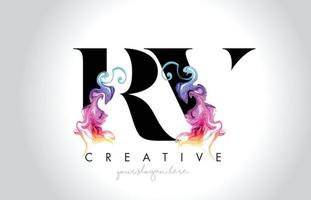 RV Vibrant Creative Leter Logo Design with Colorful Smoke Ink Flowing Vector