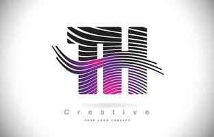 TH T H Zebra Texture Letter Logo Design With Creative Lines and Swosh in Purple Magenta Color. vector