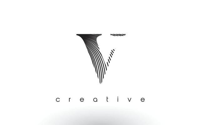 V Logo Design With Multiple Lines and Black and White Colors.