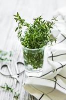 Close up view of thyme bunch. Green thyme in a glass photo
