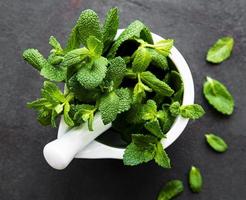 Fresh mint leaves in mortar on stone table. Top view photo