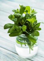 Fresh mint leaves in a small glass jar photo