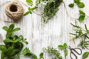 Assortment of fresh aromatic herbs from above on white wooden background. Mint, thyme, basil, rosemary, top view. photo