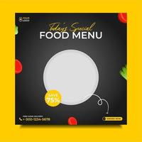 plantilla de publicación de redes sociales de comida. banner cuadrado de comida. con hoja verde y tomate. folleto de comida editable vector