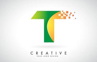 Letter T Logo Design in Bright Colors with Shattered Small blocks on white background. vector