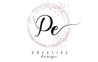 Handwritten PE P E letter logo with sparkling circles with pink glitter. vector