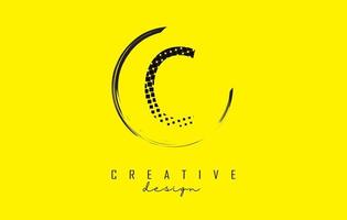 C letter logo design with black dots and circle frame on bright yellow background. vector