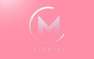 White M letter logo design with white dots and white circle frame on pink background. vector