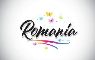 Romania Handwritten Vector Word Text with Butterflies and Colorful Swoosh.