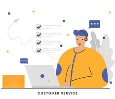 Flat vector illustration customer service with a headset on computer concept