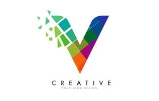 Letter V Design with Rainbow Shattered Blocks Vector Illustration.